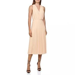 Reiss Mariona Pleated Light Peach Midi Dress